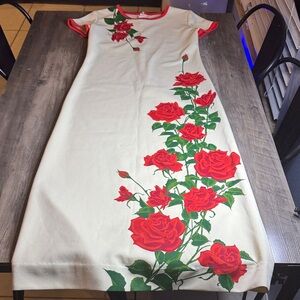 Vintage 1960/70 Alfred Shaheen Floral Rose Hawaiian Mod Dress in Cream and Red